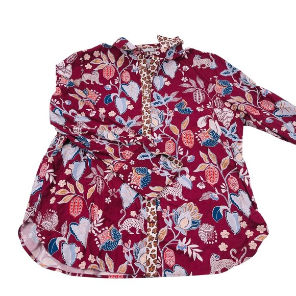 Chicos Womens No Iron Shirt Size 3 XLFloral & Animal Print Mixed Media Burgundy - Picture 1 of 5
